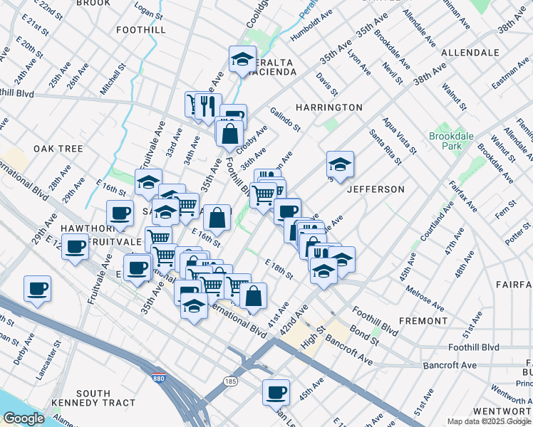map of restaurants, bars, coffee shops, grocery stores, and more near Foothill Blvd & 38th Ave in Oakland