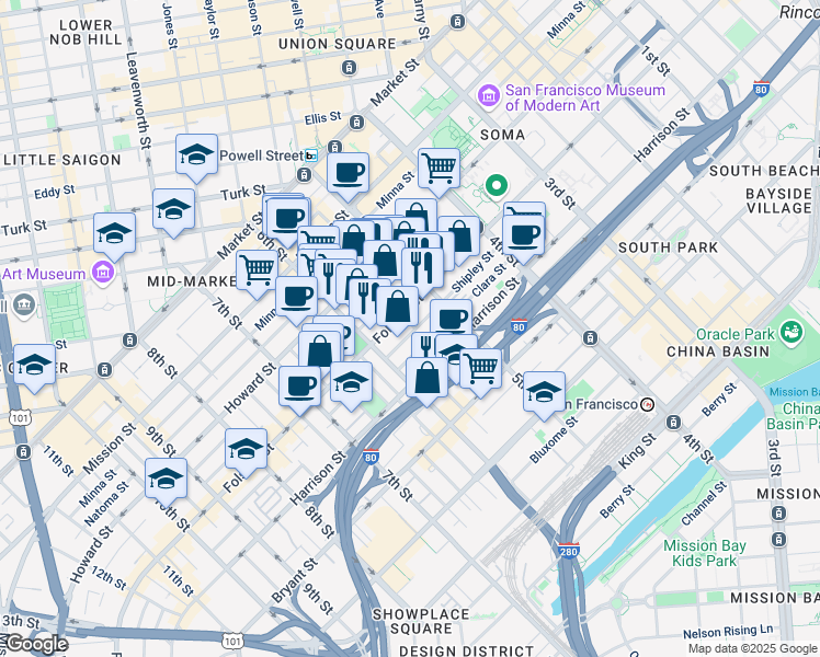 map of restaurants, bars, coffee shops, grocery stores, and more near 965 Folsom Street in San Francisco
