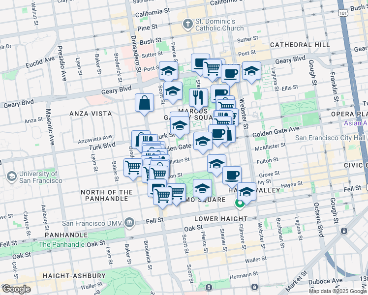 map of restaurants, bars, coffee shops, grocery stores, and more near 1513 Golden Gate Avenue in San Francisco