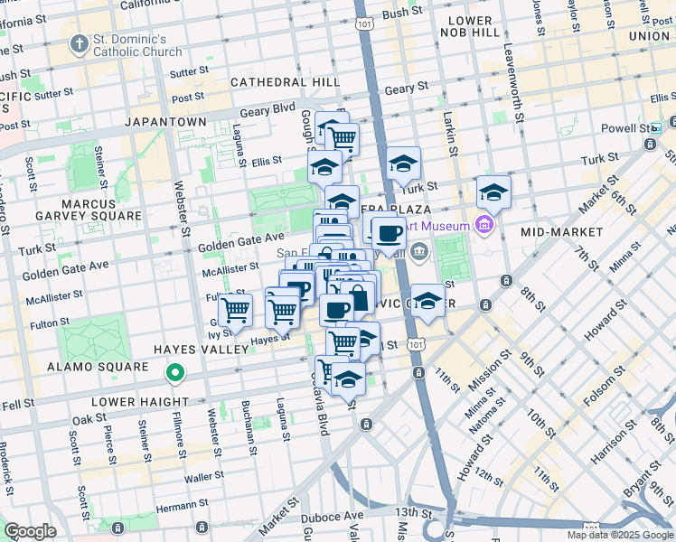 map of restaurants, bars, coffee shops, grocery stores, and more near 388 Fulton Street in San Francisco