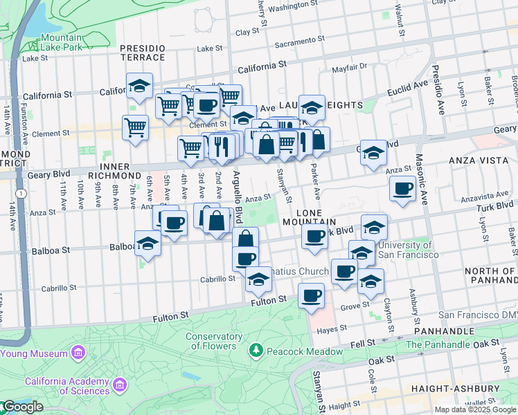 map of restaurants, bars, coffee shops, grocery stores, and more near 600 Arguello Boulevard in San Francisco