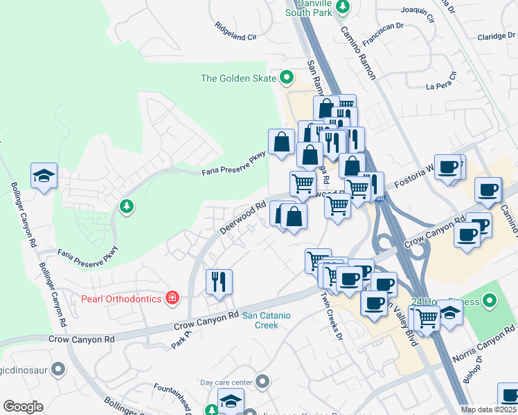 map of restaurants, bars, coffee shops, grocery stores, and more near 211 Stonepine Lane in San Ramon