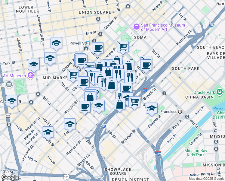map of restaurants, bars, coffee shops, grocery stores, and more near 965 Folsom Street in San Francisco