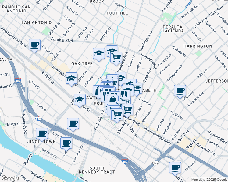 map of restaurants, bars, coffee shops, grocery stores, and more near 1516 Fruitvale Avenue in Oakland