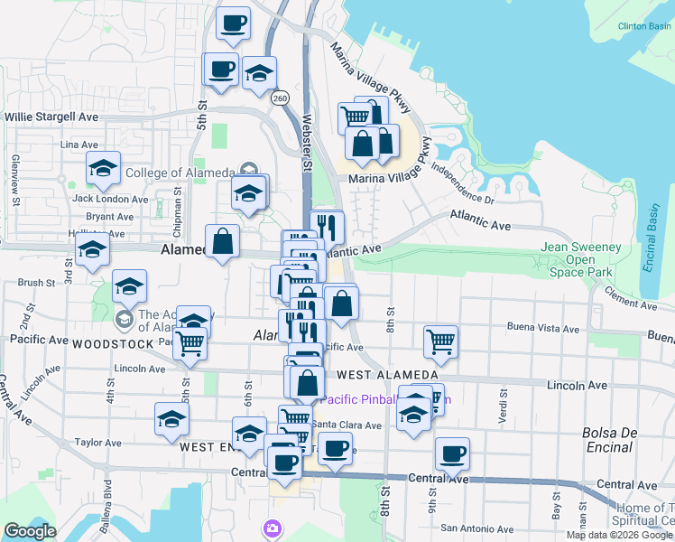 map of restaurants, bars, coffee shops, grocery stores, and more near 737 Eagle Avenue in Alameda