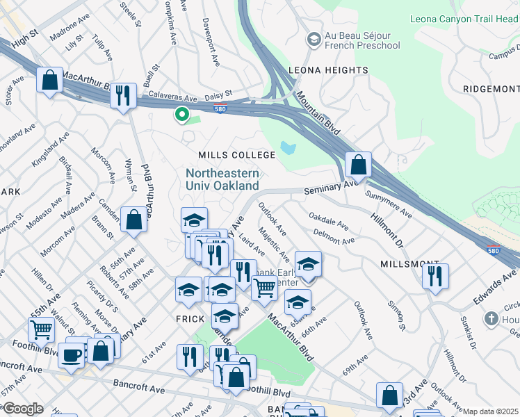 map of restaurants, bars, coffee shops, grocery stores, and more near 5925 Outlook Avenue in Oakland