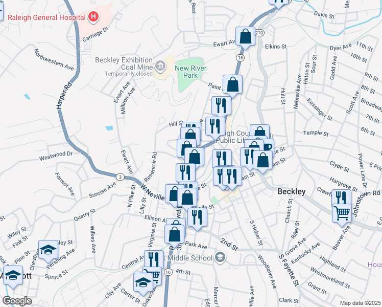 map of restaurants, bars, coffee shops, grocery stores, and more near 3013 Robert C Byrd Drive in Beckley