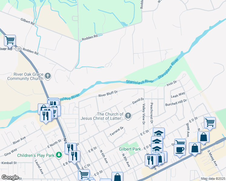 map of restaurants, bars, coffee shops, grocery stores, and more near 1132 River Bluff Drive in Oakdale