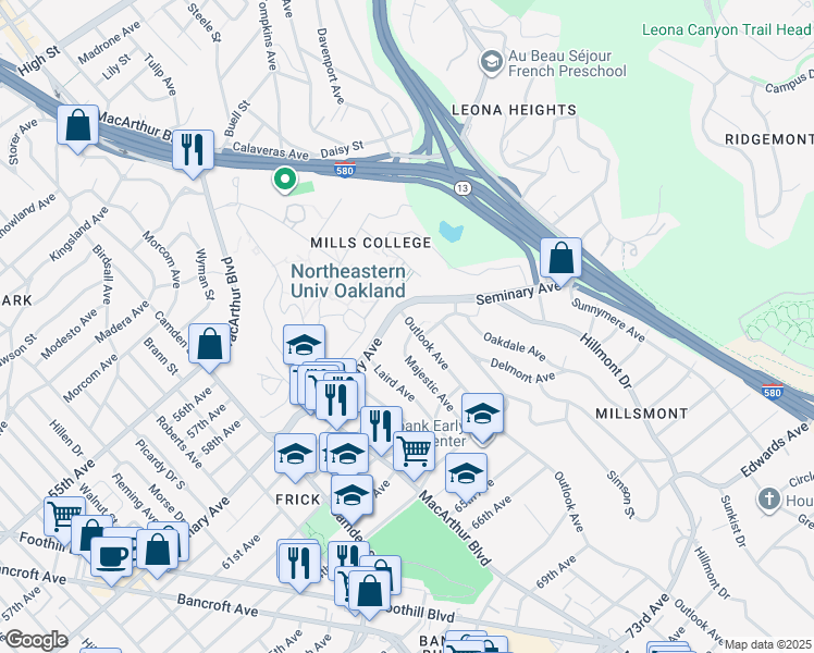 map of restaurants, bars, coffee shops, grocery stores, and more near 5925 Outlook Avenue in Oakland