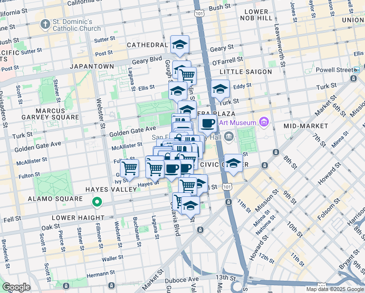 map of restaurants, bars, coffee shops, grocery stores, and more near 229 Gough Street in San Francisco