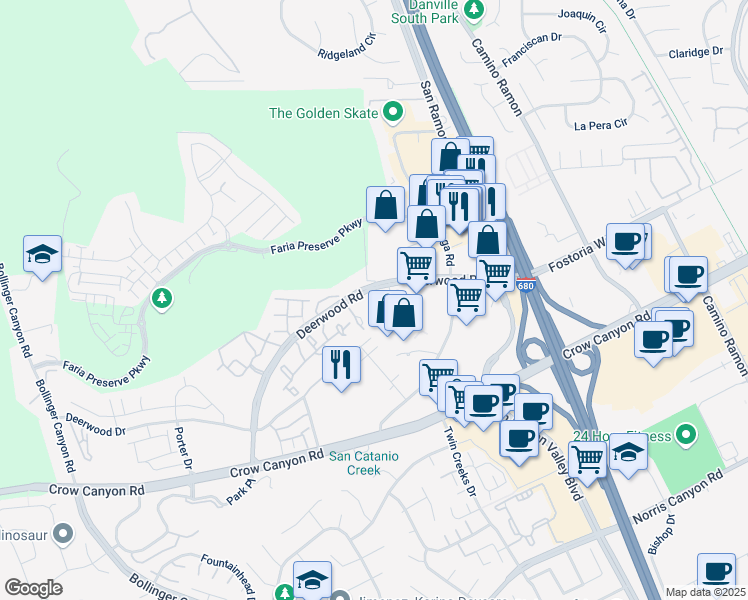 map of restaurants, bars, coffee shops, grocery stores, and more near 300 Deerwood Road in San Ramon