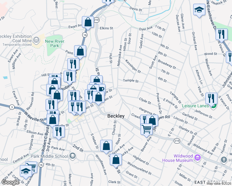 map of restaurants, bars, coffee shops, grocery stores, and more near 99 Clyde Street in Beckley