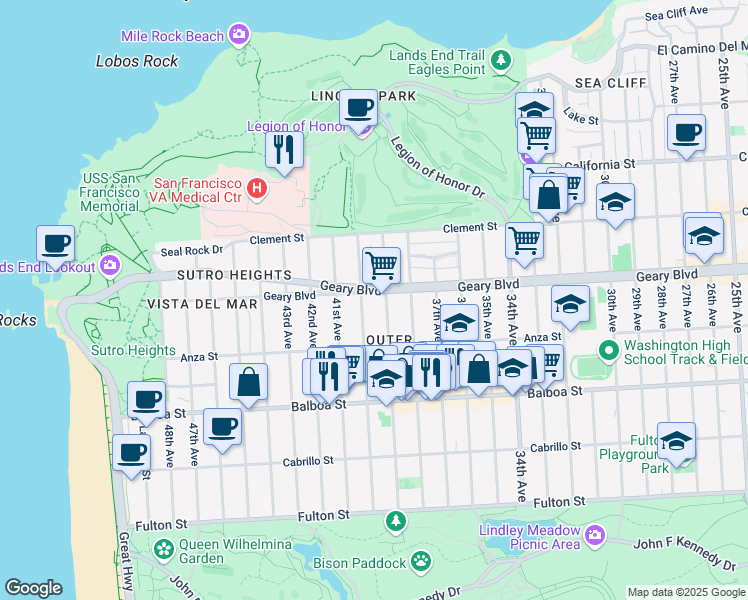 map of restaurants, bars, coffee shops, grocery stores, and more near 7555 Geary Boulevard in San Francisco