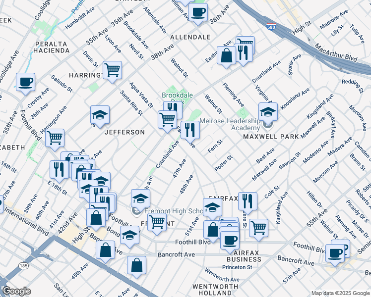 map of restaurants, bars, coffee shops, grocery stores, and more near 4634 Congress Avenue in Oakland