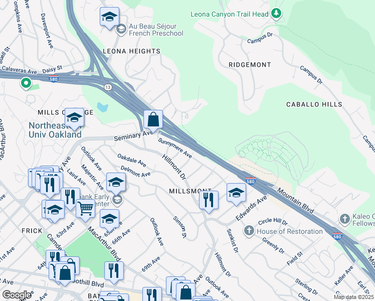 map of restaurants, bars, coffee shops, grocery stores, and more near 6366 Sunnymere Avenue in Oakland