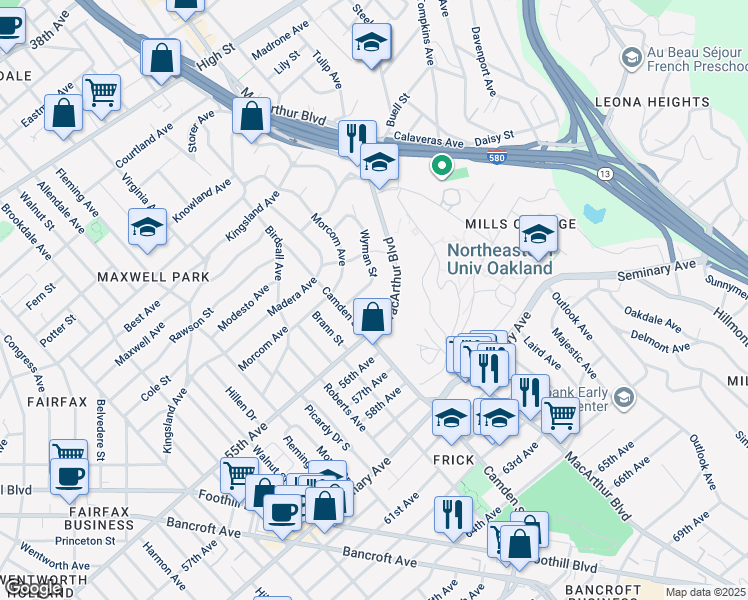 map of restaurants, bars, coffee shops, grocery stores, and more near 3251 Millsview Avenue in Oakland