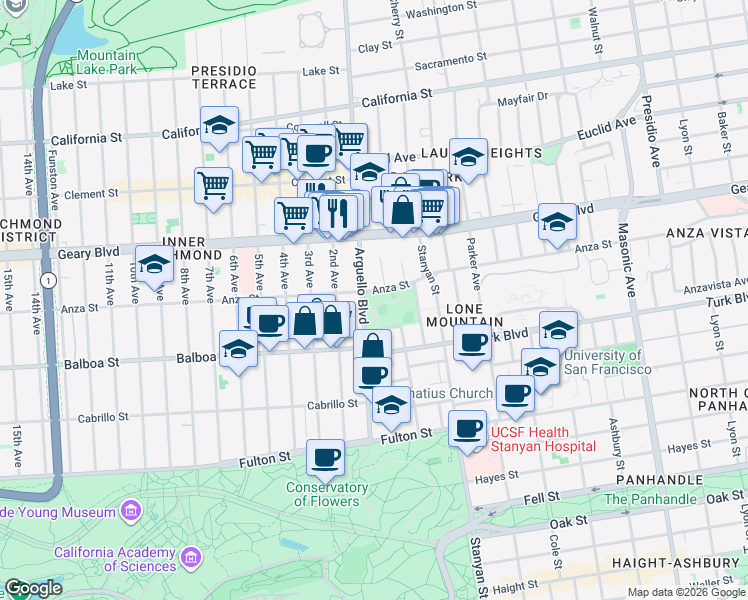 map of restaurants, bars, coffee shops, grocery stores, and more near 600 Arguello Boulevard in San Francisco
