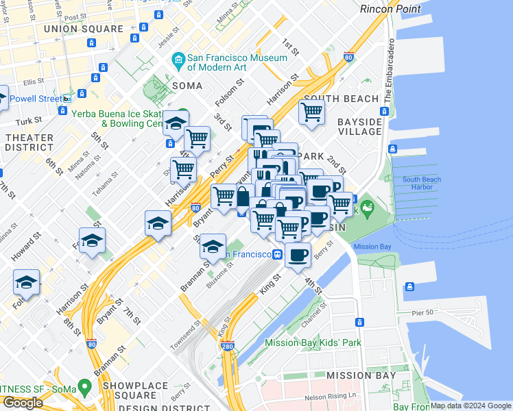 map of restaurants, bars, coffee shops, grocery stores, and more near 475 Brannan Street in San Francisco