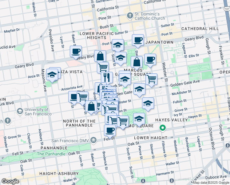 map of restaurants, bars, coffee shops, grocery stores, and more near 1616 Golden Gate Avenue in San Francisco