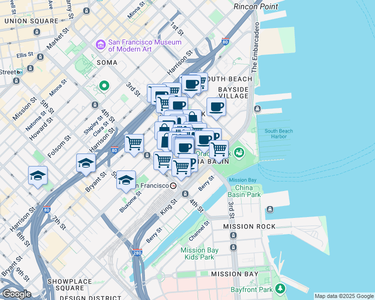map of restaurants, bars, coffee shops, grocery stores, and more near 411 Brannan Street in San Francisco