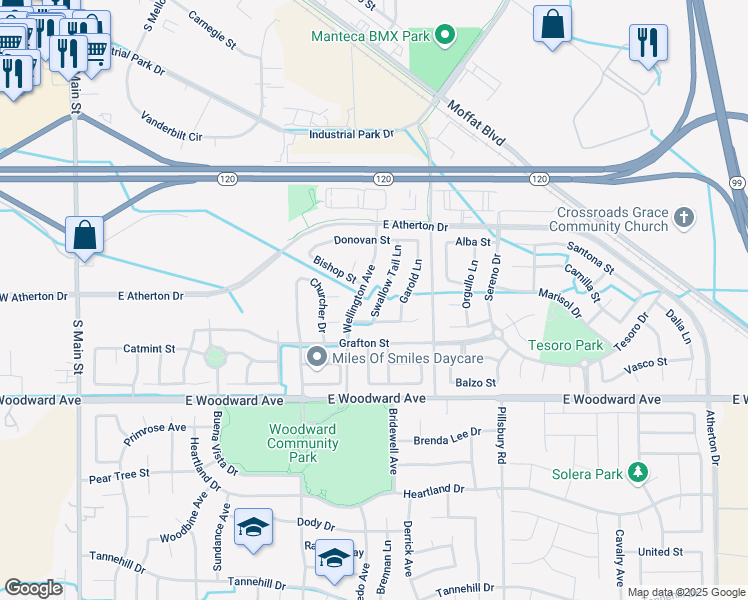 map of restaurants, bars, coffee shops, grocery stores, and more near 1541 Swallow Tail Lane in Manteca