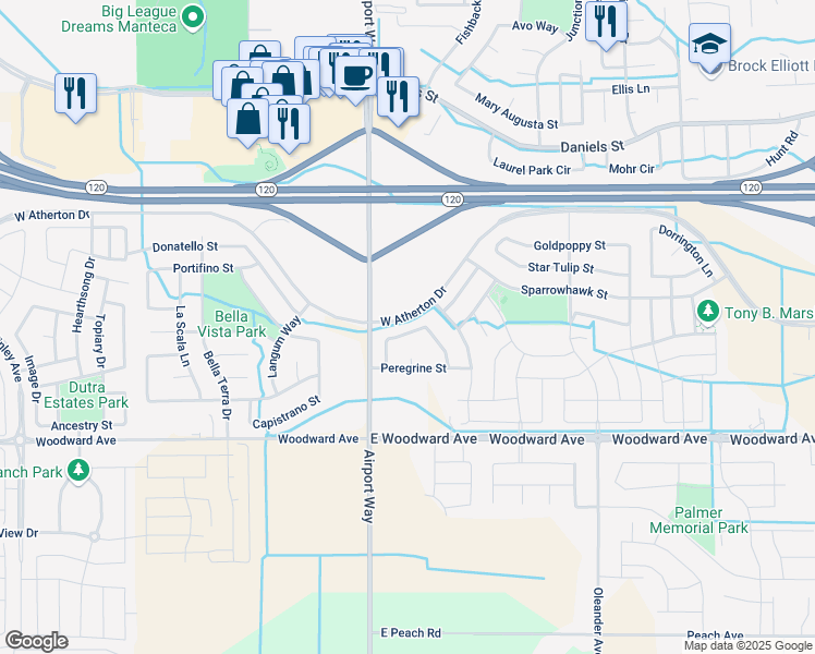map of restaurants, bars, coffee shops, grocery stores, and more near 2063 Goldeneye Way in Manteca