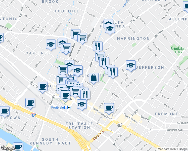 map of restaurants, bars, coffee shops, grocery stores, and more near 1609 36th Avenue in Oakland