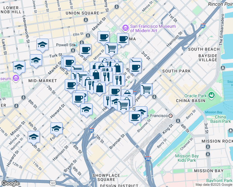 map of restaurants, bars, coffee shops, grocery stores, and more near 222 Clara Street in San Francisco