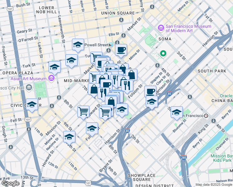 map of restaurants, bars, coffee shops, grocery stores, and more near 2 Harriet Street in San Francisco