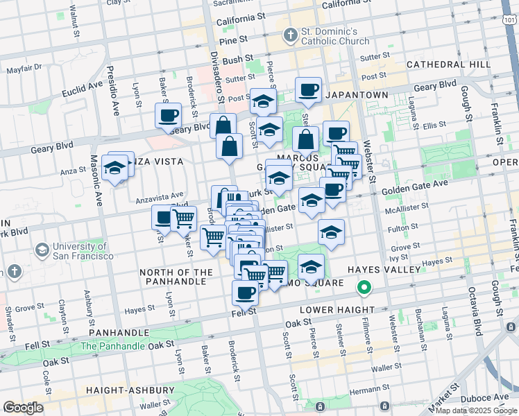 map of restaurants, bars, coffee shops, grocery stores, and more near 1616 Golden Gate Avenue in San Francisco