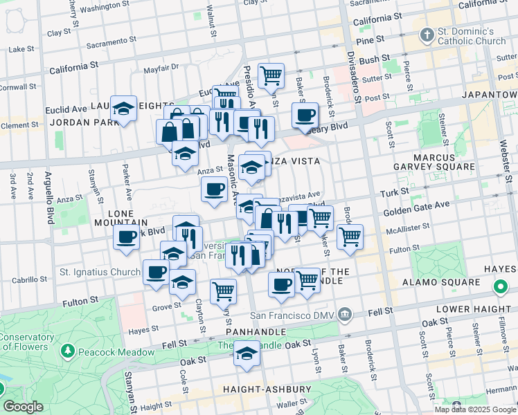 map of restaurants, bars, coffee shops, grocery stores, and more near 270 Masonic Avenue in San Francisco