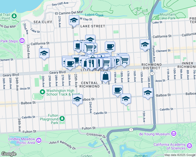 map of restaurants, bars, coffee shops, grocery stores, and more near 462 22nd Avenue in San Francisco