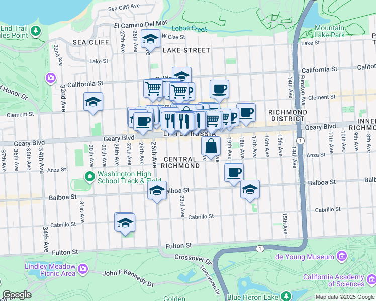 map of restaurants, bars, coffee shops, grocery stores, and more near 460A 23rd Avenue in San Francisco
