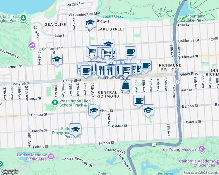 map of restaurants, bars, coffee shops, grocery stores, and more near 460A 23rd Avenue in San Francisco