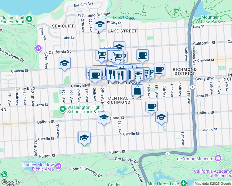 map of restaurants, bars, coffee shops, grocery stores, and more near 460A 23rd Avenue in San Francisco