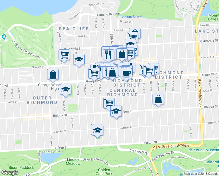 map of restaurants, bars, coffee shops, grocery stores, and more near 550 26th Avenue in San Francisco