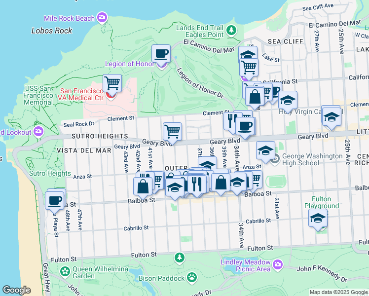 map of restaurants, bars, coffee shops, grocery stores, and more near 519 38th Avenue in San Francisco