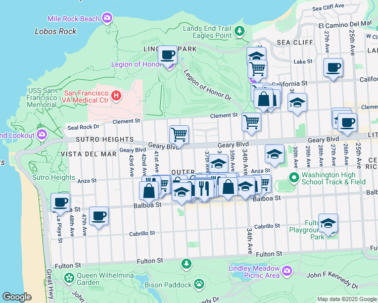 map of restaurants, bars, coffee shops, grocery stores, and more near 519 38th Avenue in San Francisco