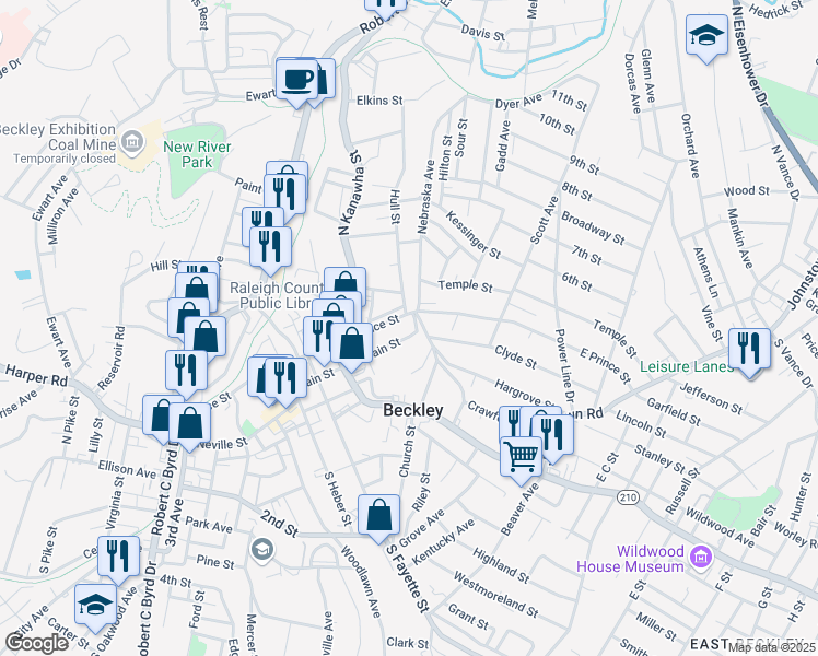 map of restaurants, bars, coffee shops, grocery stores, and more near 121 East Main Street in Beckley