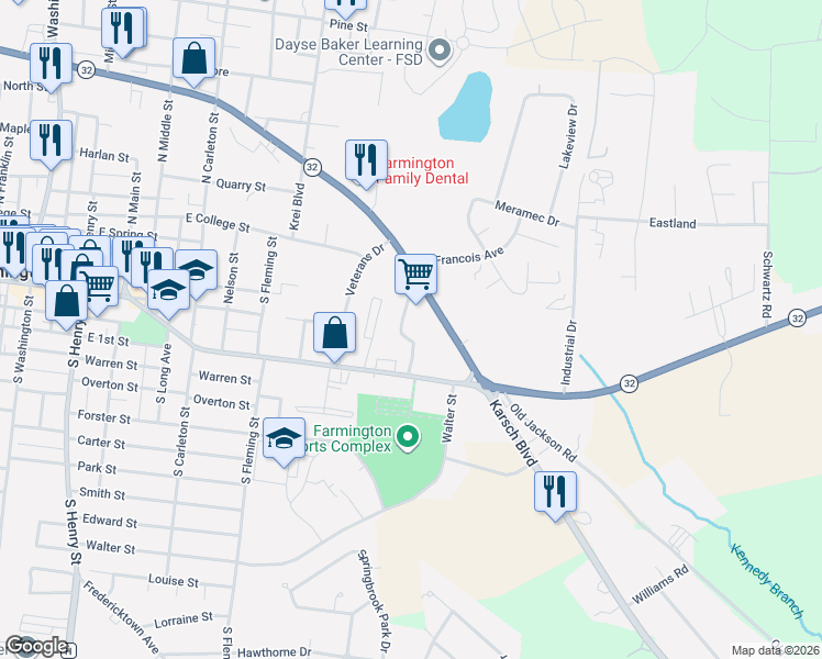 map of restaurants, bars, coffee shops, grocery stores, and more near 130 Vierse Drive in Farmington