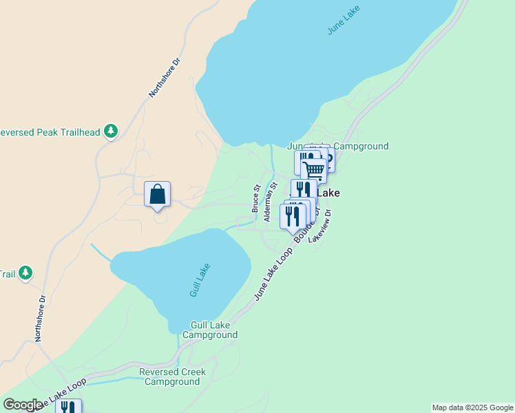 map of restaurants, bars, coffee shops, grocery stores, and more near 125 Bruce Street in June Lake