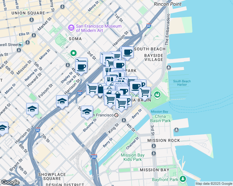 map of restaurants, bars, coffee shops, grocery stores, and more near 475 Brannan Street in San Francisco