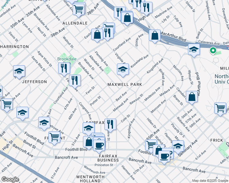 map of restaurants, bars, coffee shops, grocery stores, and more near 4854 Walnut Street in Oakland