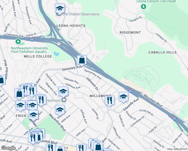 map of restaurants, bars, coffee shops, grocery stores, and more near 6331 Sunnymere Avenue in Oakland