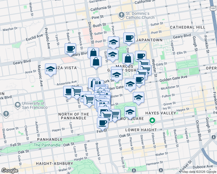 map of restaurants, bars, coffee shops, grocery stores, and more near 1616 Golden Gate Avenue in San Francisco