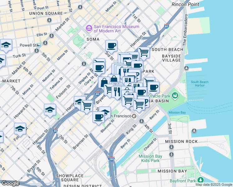 map of restaurants, bars, coffee shops, grocery stores, and more near 555 4th Street in San Francisco