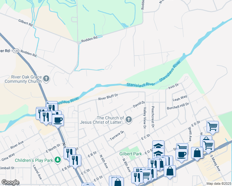 map of restaurants, bars, coffee shops, grocery stores, and more near 1132 River Bluff Drive in Oakdale