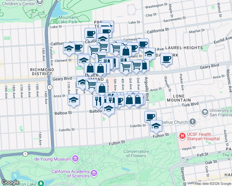 map of restaurants, bars, coffee shops, grocery stores, and more near Anza Street & 5th Avenue in San Francisco