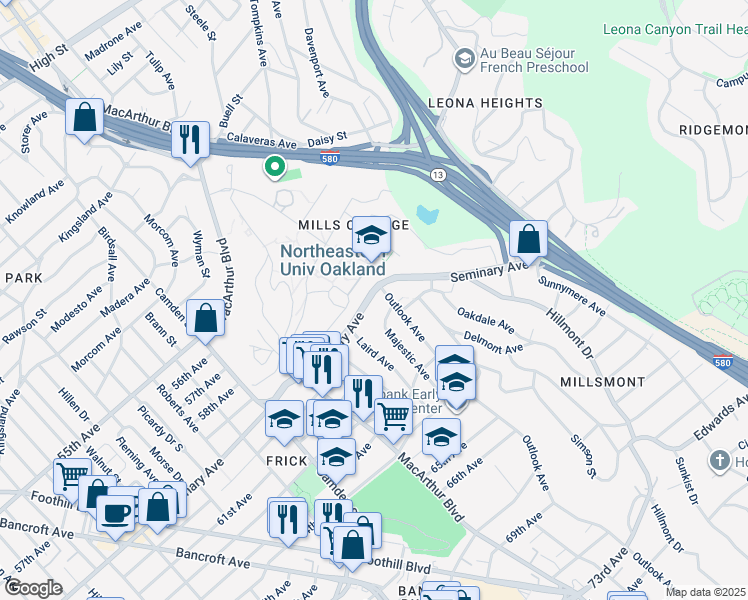 map of restaurants, bars, coffee shops, grocery stores, and more near 3564 Seminary Avenue in Oakland