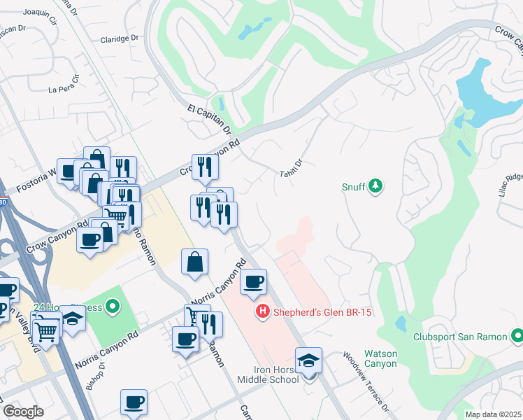 map of restaurants, bars, coffee shops, grocery stores, and more near 409 Norris Canyon Terrace in San Ramon